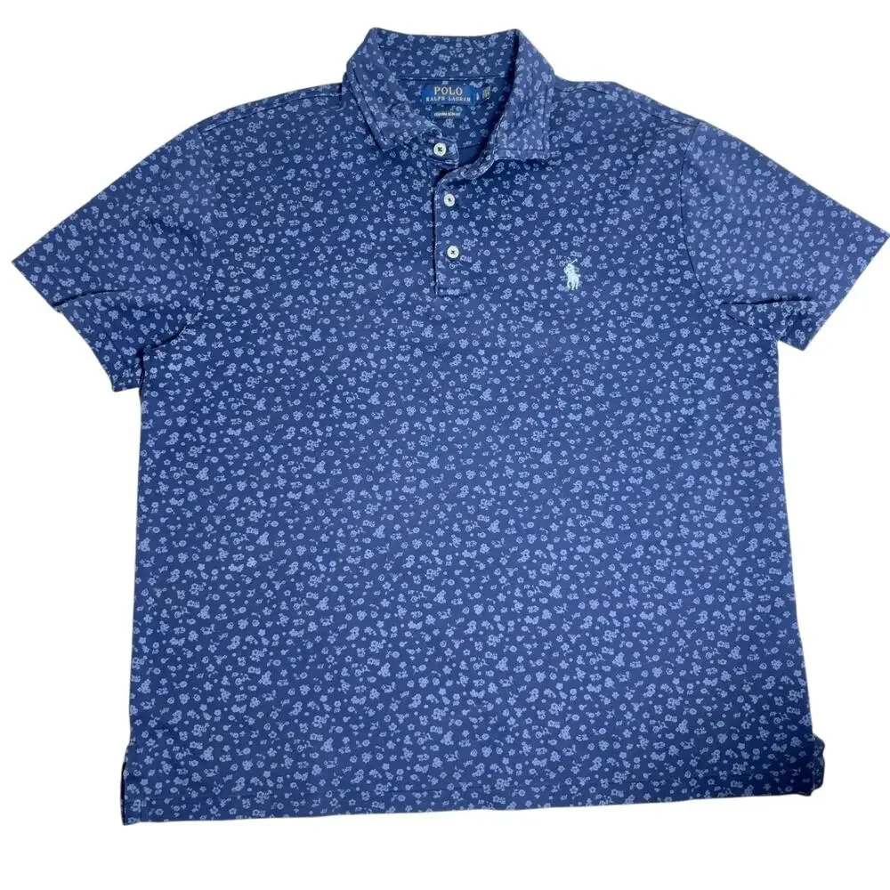 Polo Ralph Lauren Polo Shirt Men's Large Blue Floral Custom Slim Fit Pony - Picture 2 of 4
